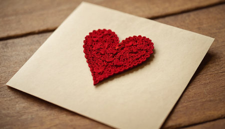 Valentines day greeting card with red heart on wooden background.の素材