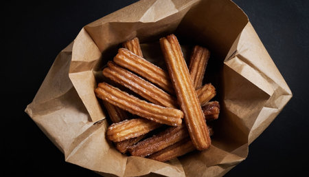 Churros in paper bag on black background. Top view.の素材