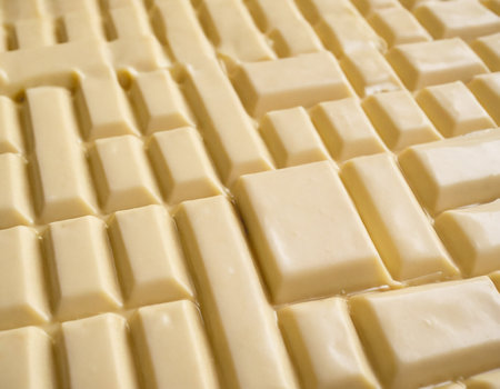 Close-up of a block of white chocolate in a row.の素材