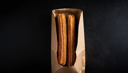 Churros in paper bag on black background. Top view.の素材