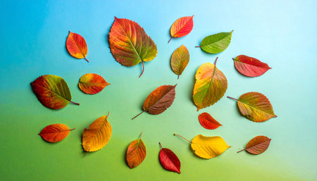 Colorful autumn leaves on blue and green background. Fall concept.の素材