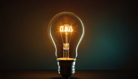 Incandescent light bulb on a dark background with copy space.の素材