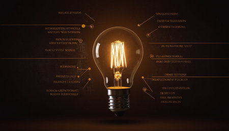 Glowing light bulb and business sketches on dark background. 3D renderingの素材