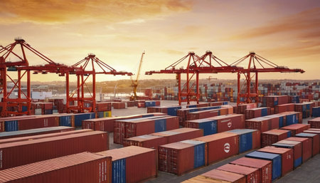 Container Cargo freight ship with working crane bridge at sunset for Logistic Import Export backgroundの素材