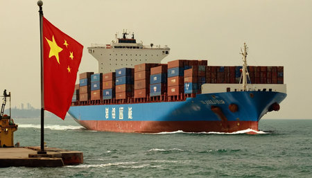 Cargo container ship in the sea with China flag in the backgroundの素材