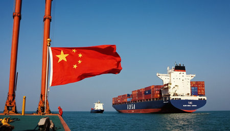 Cargo ship with China flag on the background of the blue skyの素材