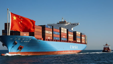 Cargo ship with chinese flag on the blue sky background.の素材