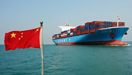 Cargo ship with chinese flag on the background of blue skyの素材