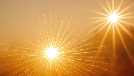 Foggy sunrise with rays of light shining through the fog.の素材