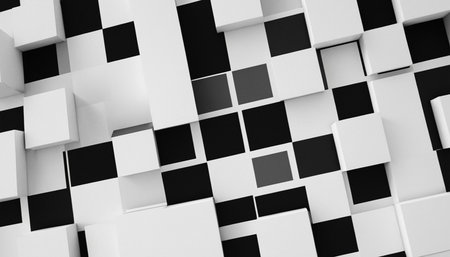 Abstract 3d rendering of chaotic geometric shapes. Reflective surface with black and white squares. Reflective surface with black and white squares.の素材