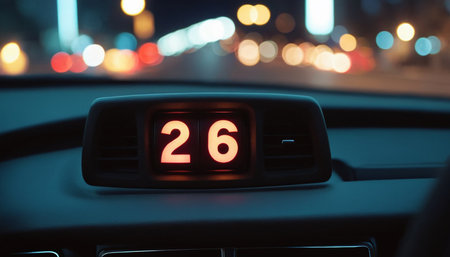 Car dashboard with speedometer in city at night. Shallow DOFの素材