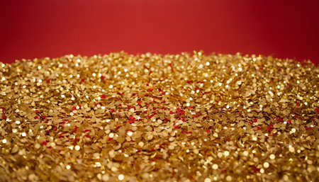 golden confetti on red background, shallow depth of field.の素材