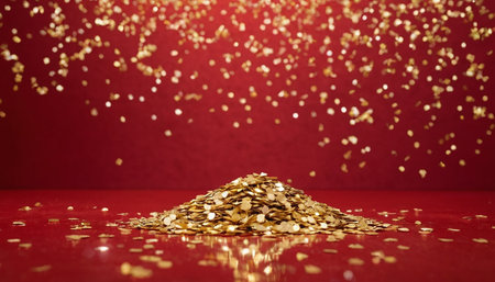 Golden confetti on red background. Christmas and new year concept.の素材