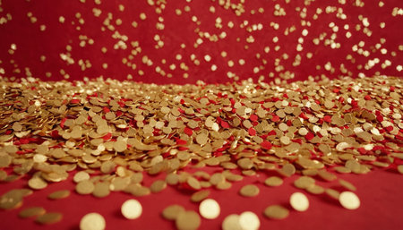 Golden confetti on red background. Festive concept. Copy space.の素材