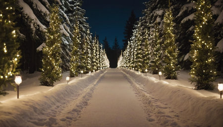 Snowy road in winter forest at night with illuminated christmas treesの素材