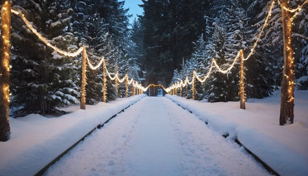 Christmas lights in the winter forest. Beautiful winter landscape. Christmas background.の素材
