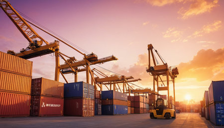 Container Cargo freight ship with working crane bridge at sunset for Logistic Import Export backgroundの素材