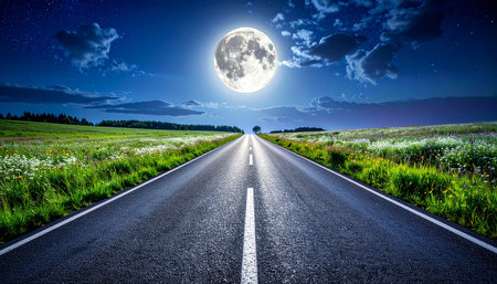 Asphalt road in the field at night with full moon and starsの素材