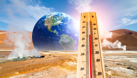 Thermometer on the background of the Earth. Global warming conceptの素材