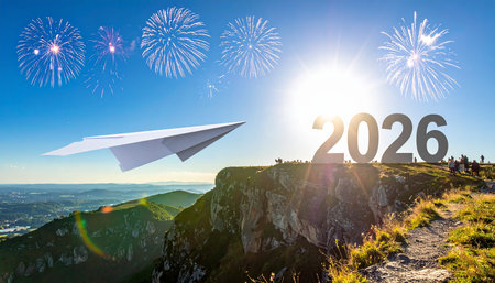 Paper plane and fireworks on the background of the mountains. New Year conceptの素材