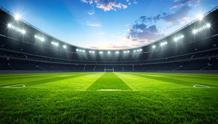 Soccer stadium with bright lights and green grass. 3d renderの素材