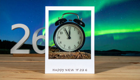 Happy New Year 2016 with alarm clock on wooden table and aurora borealis backgroundの素材