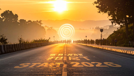 Asphalt road with sunrise and sunset background, travel and holiday conceptの素材