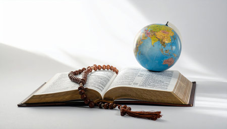 Bible and a globe on a white background. Religion concept.の素材