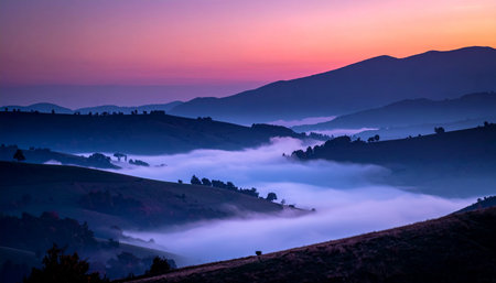 Mountain landscape with fog at sunset. Carpathian, Ukraineの素材