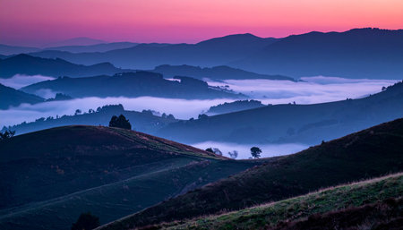 Foggy morning in the Carpathian mountains. Ukraine, Europe.の素材
