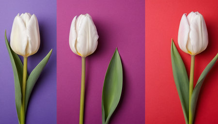 White tulips on colorful background. Flat lay, top view.の素材
