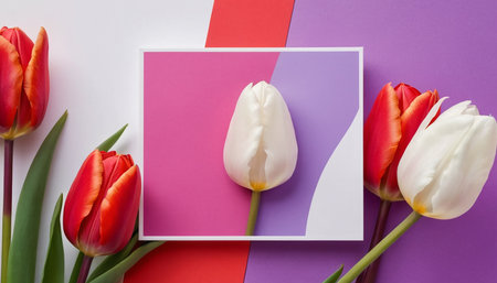 top view of tulips and greeting card on purple and pink backgroundの素材