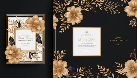 Wedding invitation card template with gold floral design. Vector illustrationの素材