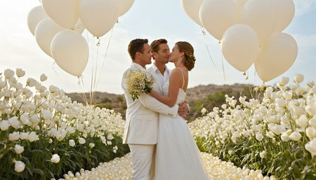 Wedding couple in love on the field of white tulipsの素材
