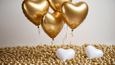 Gold heart-shaped balloons and golden beads on a white background.の素材