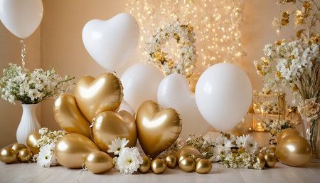 Gold and white balloons in the shape of a heart on the background of a garland.の素材