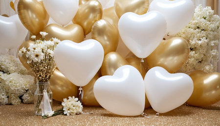 White heart-shaped balloons and white flowers on a golden background.の素材