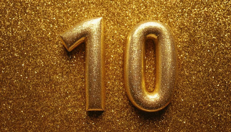 Number ten gold celebration sparkling background. Anniversary, birthday or wedding conceptの素材