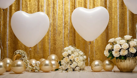 White heart shaped balloons and flowers on golden background. Wedding decoration.の素材