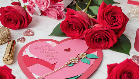 Valentine's Day background with red roses and gift box.の素材