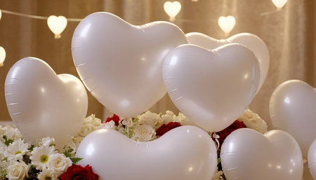 White heart-shaped balloons on the background of a bouquet of flowersの素材