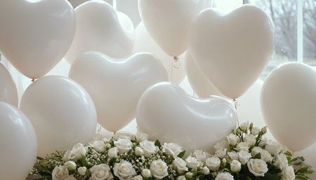 White heart-shaped balloons on the background of a bouquet of white rosesの素材