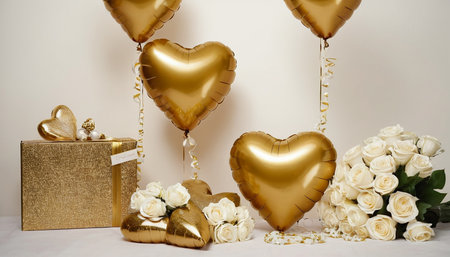 Golden heart-shaped balloons and gift box on a light background.の素材