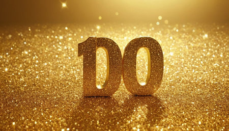 Number ten (10) on a gold glitter background. Anniversary conceptの素材
