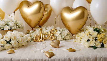 Number eighty-six on a white table with gold heart-shaped balloons and flowersの素材