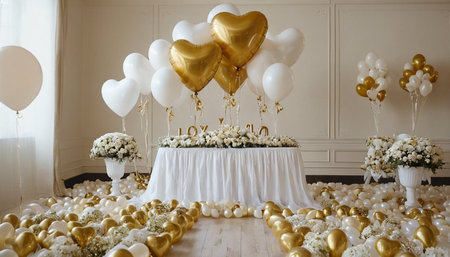 wedding decor with white and gold balloons and flowers on a tableの素材