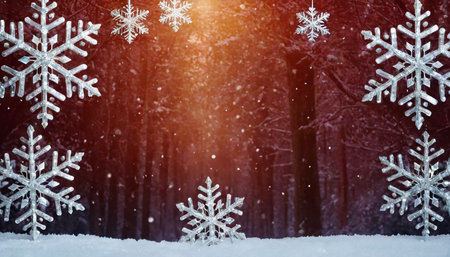Snowflakes in the winter forest. Winter background. Christmas background.の素材
