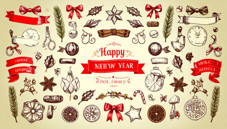 Vintage hand drawn Christmas and New Year set. Vector illustration.の素材