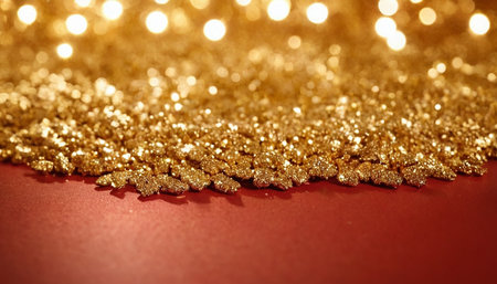 golden christmas decoration on red background, close up, macroの素材