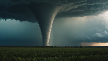 Storm over the field. The rain is coming. The sky is dark.の素材
